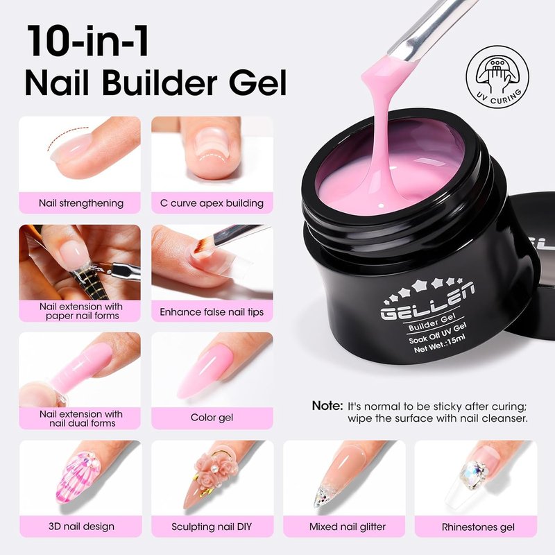 Builder Gel Set for Nails - 10 in 1 Hard Nail Extension Poly Gel | Soak Off UV Polish, 4 Colors: Clear, Milky White, Classic Pink, Nude