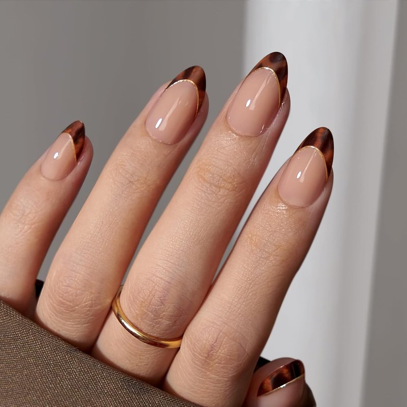 Press On Nails - Short Almond Tortoise Shell | Winter French Tip Soft Gel Fake Nails, 16 Sizes, 32 Stick-On Kit