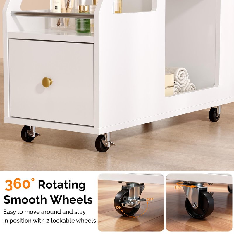 OmySalon Salon Trolley Cart, Esthetician Cart with Wheels, Side Table with 1 Drawer, 5 Open Shelf, Mobile Storage Cabinet Utility Trolley for Beauty Salon Spa, White