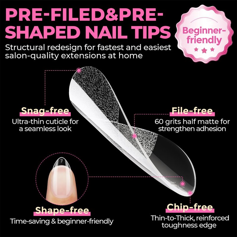 Short Almond Nail Tips - 504PCS Soft Press-On Gel Nails | Pre-Shaped Full Cover Acrylic Gelly Tips in 12 Sizes