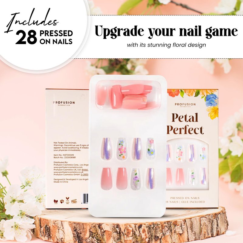 Profusion Cosmetics Petal Perfect 28PC Press on Nails Medium Coffin Fake Nails, Glossy False Nails with Pink, Chrome & Floral Designs, Reusable Coffin Nails with Glue Tabs