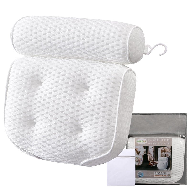 AEROiVi Luxury Bath Pillows for Tub，Bath Pillow with Laundry Bag Bathtub Pillows for Head and Neck Support Bath Cushion Made from Soft Spacer Mesh Material with Suction Cups