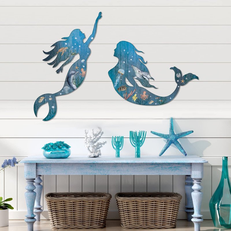 Pelopy 2 Pack Metal Mermaid Wall Art Rustic Bathroom Hanging Mermaid Wall Decor Blue Sculpture Decorations for Room Patio Swimming Pool Bathroom