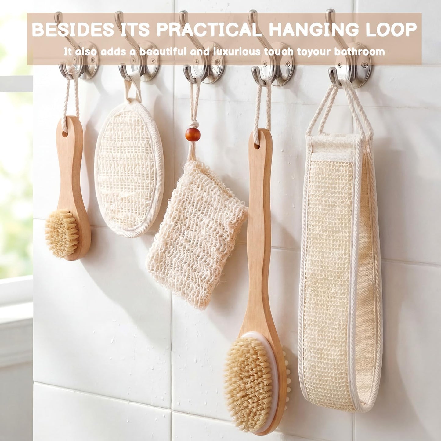 Geelin 8 Pcs Natural Loofah Exfoliating Body Scrubber Set Natural Sisal & Loofah Sponges Wooden Brushes for Dry Brushing Shower Scrubbing, Luffa Sponge to Clean Your Body and Back Deeply