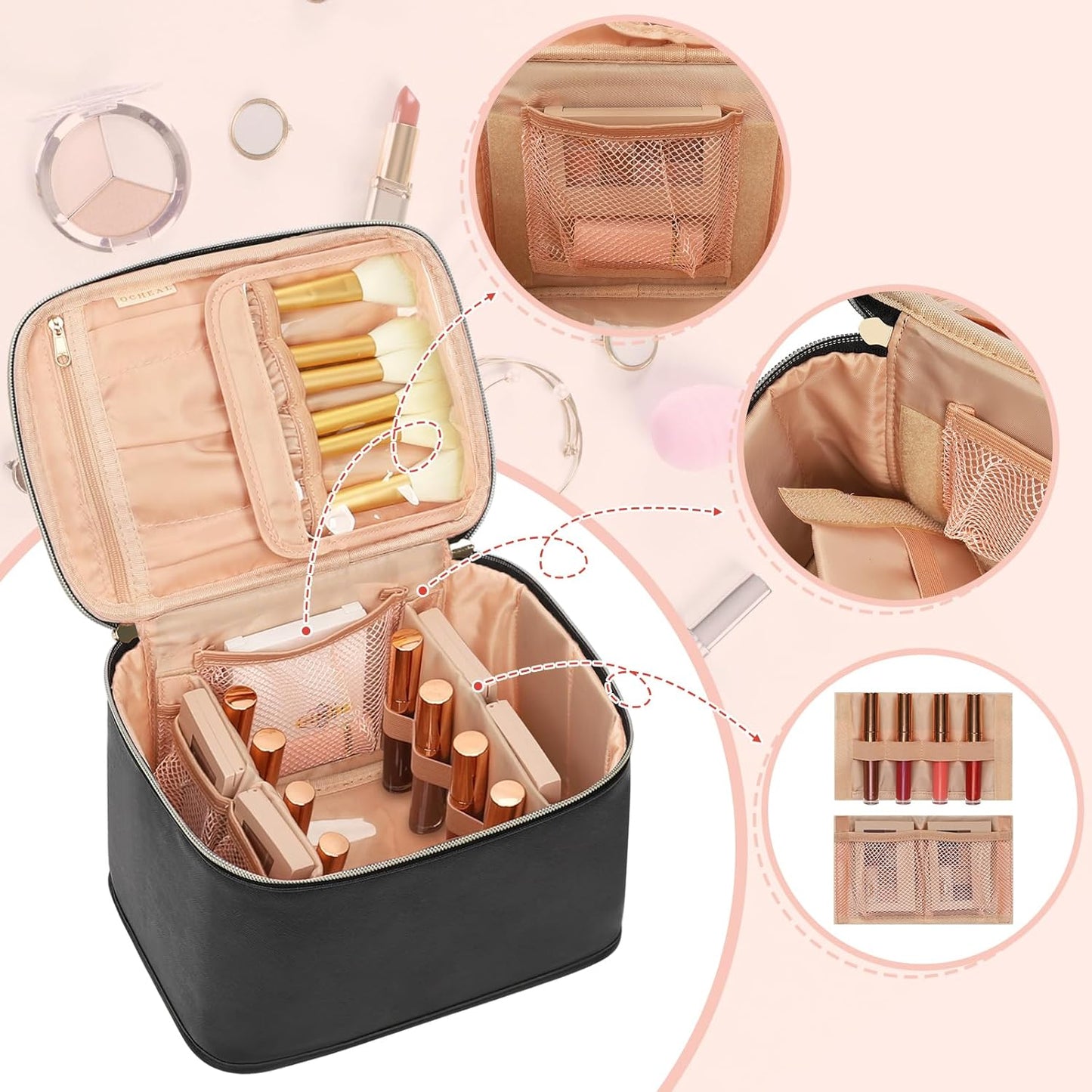 Travel Makeup Bag Organizer - Large Capacity Cosmetic Case with Divider & Handle | Black