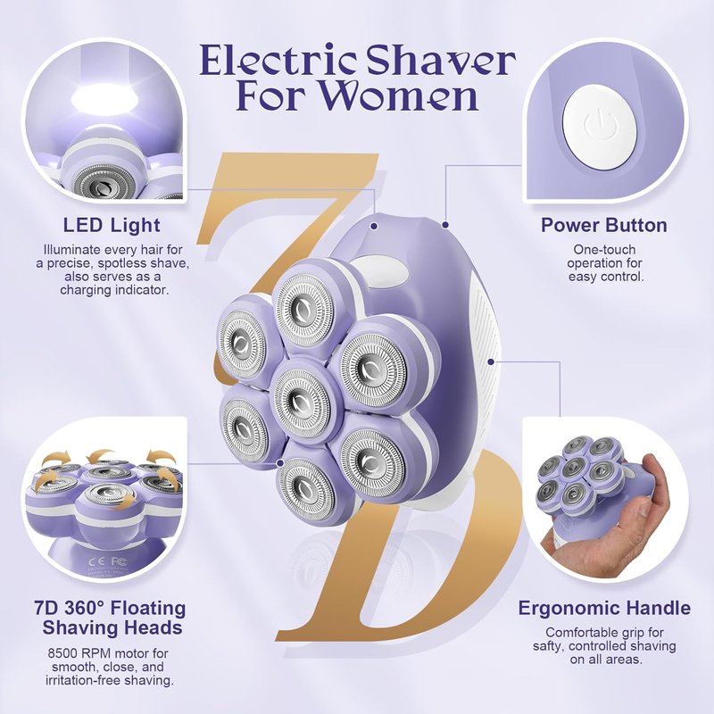 Electric Razors for Women - 7D Fast & Painless Full-Body Shaver for Smooth Skin | Waterproof Wet/Dry Use, Travel Cover Included