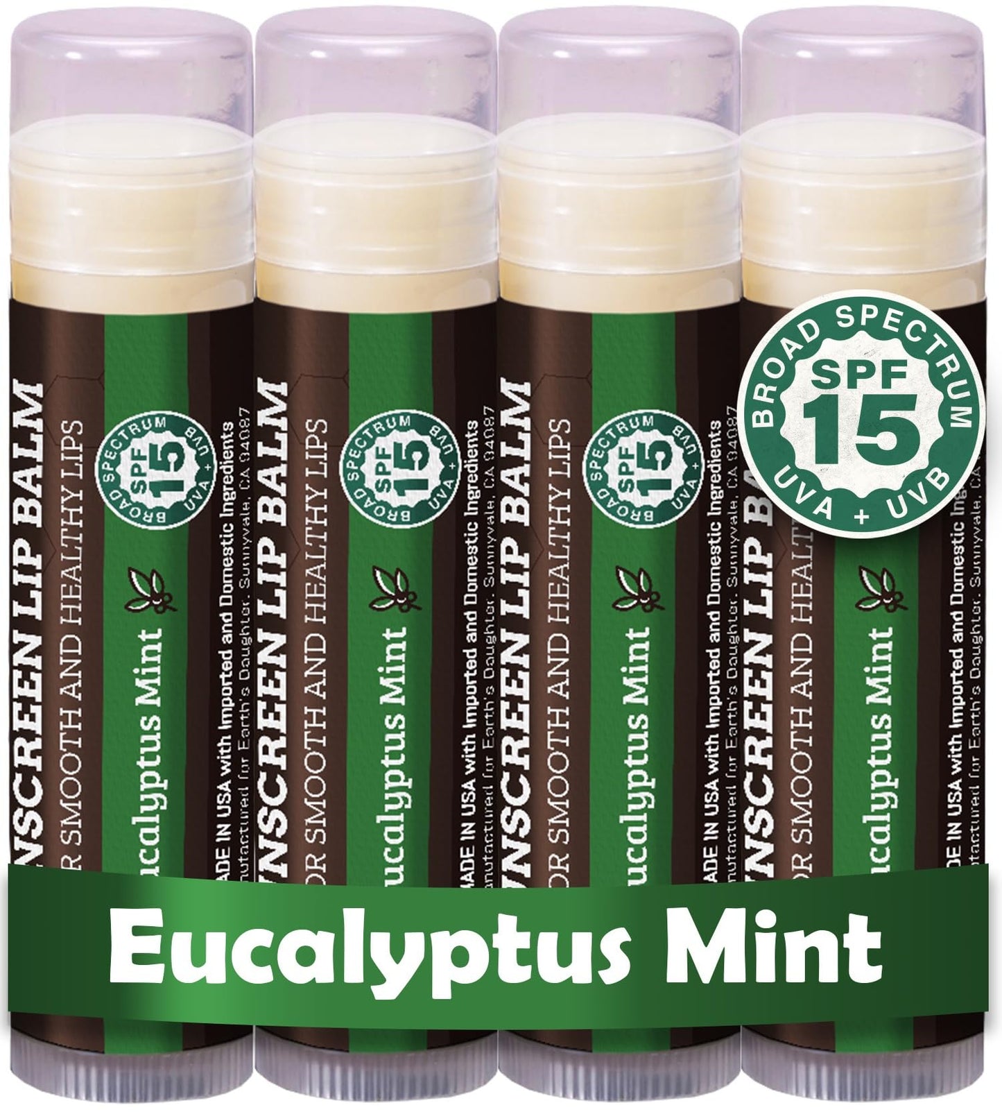 Earth's Daughter SPF Lip Balm Eucalyptus Mint 4-Pack - Lip Sunscreen, SPF 15, Organic Ingredients, Beeswax, Coconut Oil, Vitamin E - Hypoallergenic, Gluten Free
