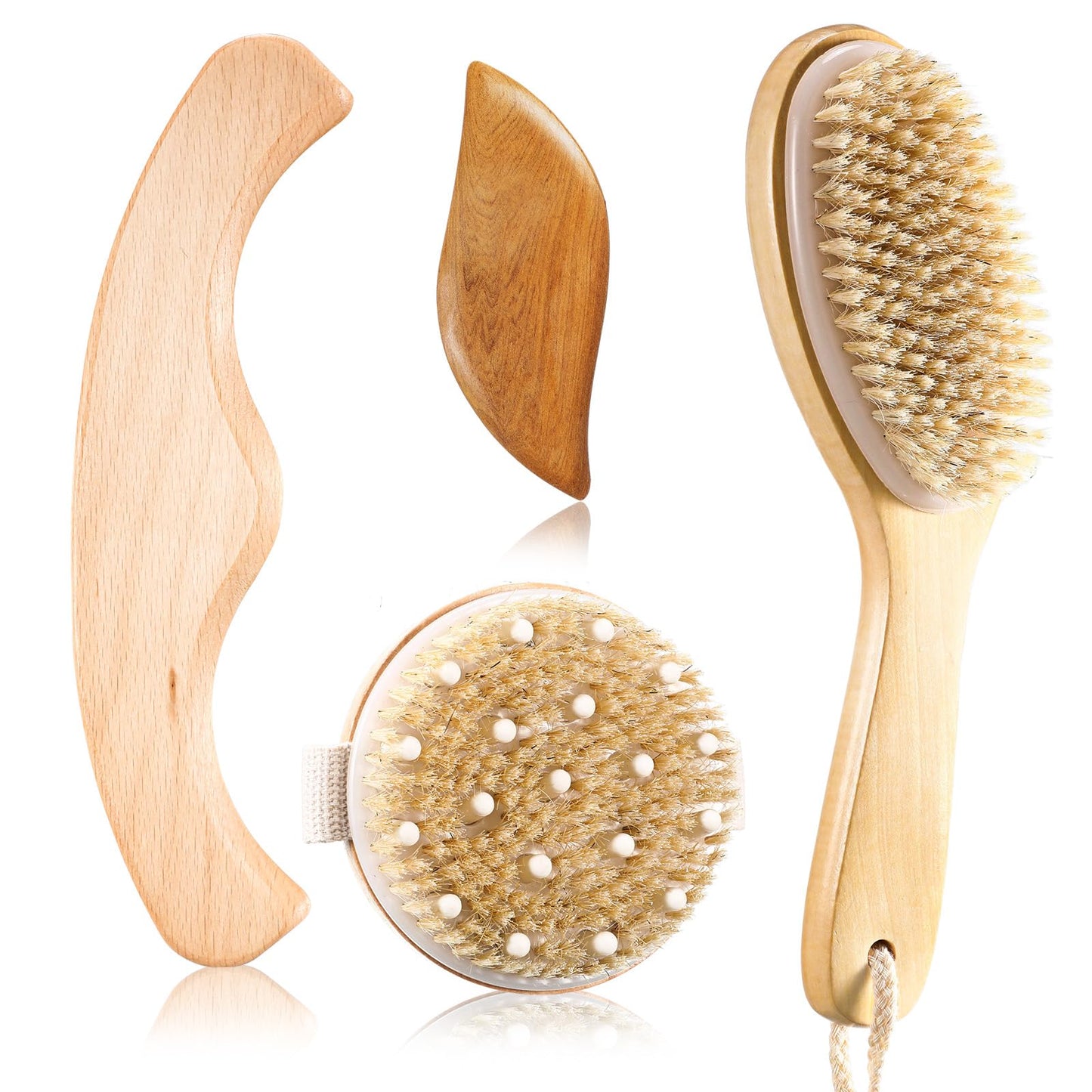 Lineshading 4 Pcs Dry Brushing Body Brush for Lymphatic Drainage Vegan Dry Brush with Wood Therapy Massage Lymphatic Drainage Tool Gua Sha Anti Cellulite Body Sculpting Sensitive Skin Exfoliation…