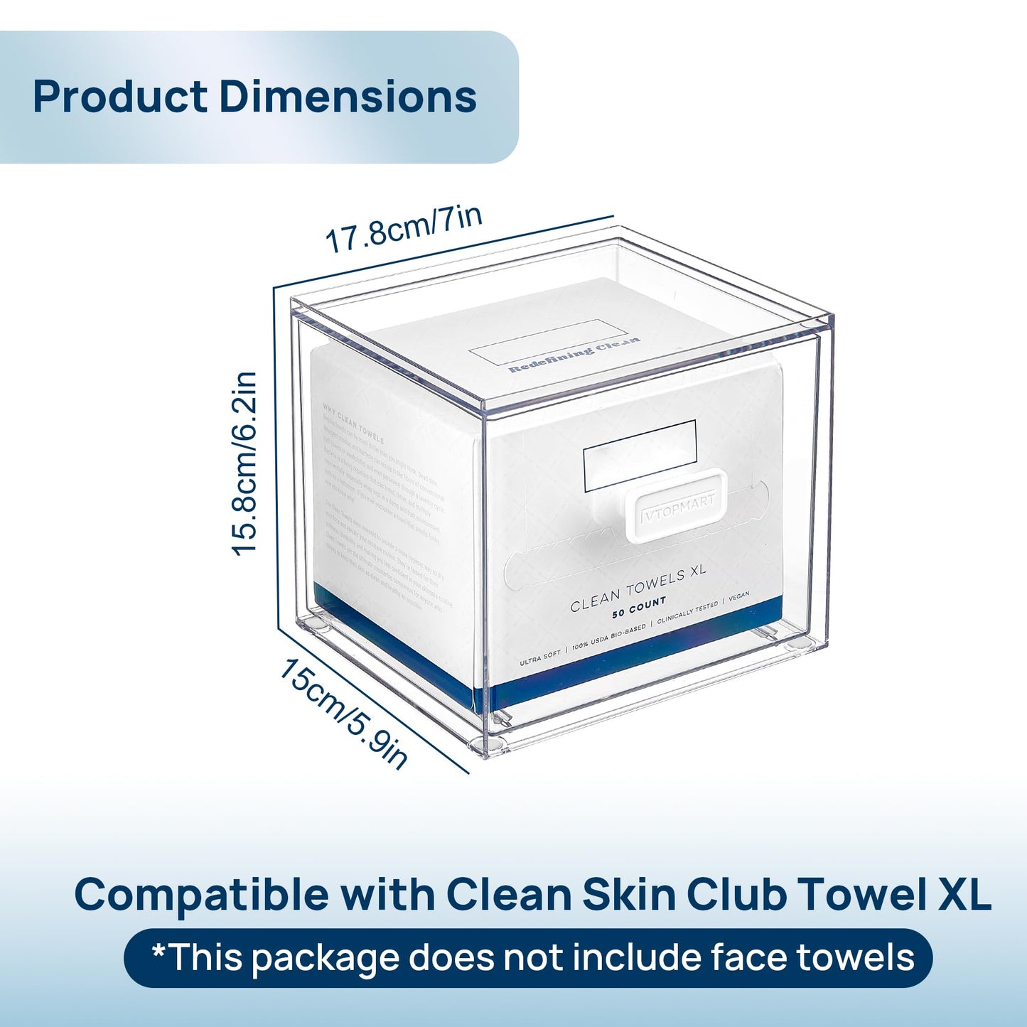 Vtopmart Disposable Facial Towels Holder,Clear Storage Drawer Compatible with Clean Skin Club Towel XL,Acrylic Box Hold 50 Count,Stylish and Functional Bathroom Accessory for Coutertop Organization