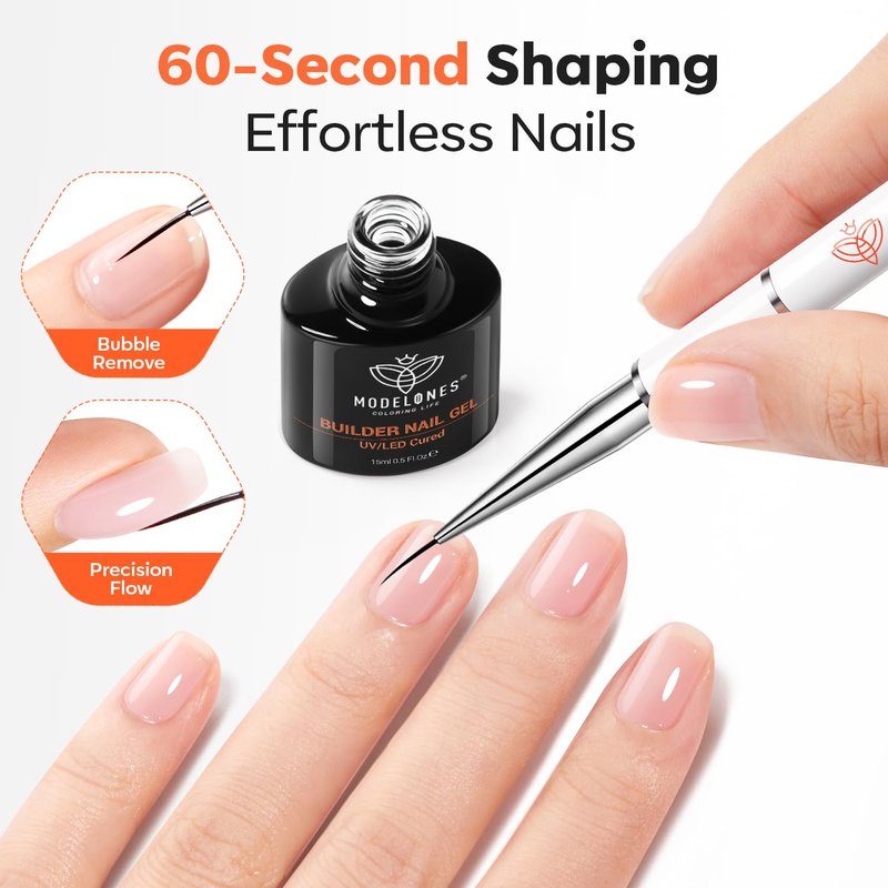 modelones Builder Nail Gel, 7-in-One Clear Builder Nail Polish with Detachable Liner Brush, 15ml LED Lamp Cured Rubber Base Gel Polish Strengthener Color Base Coat Thickening Solution