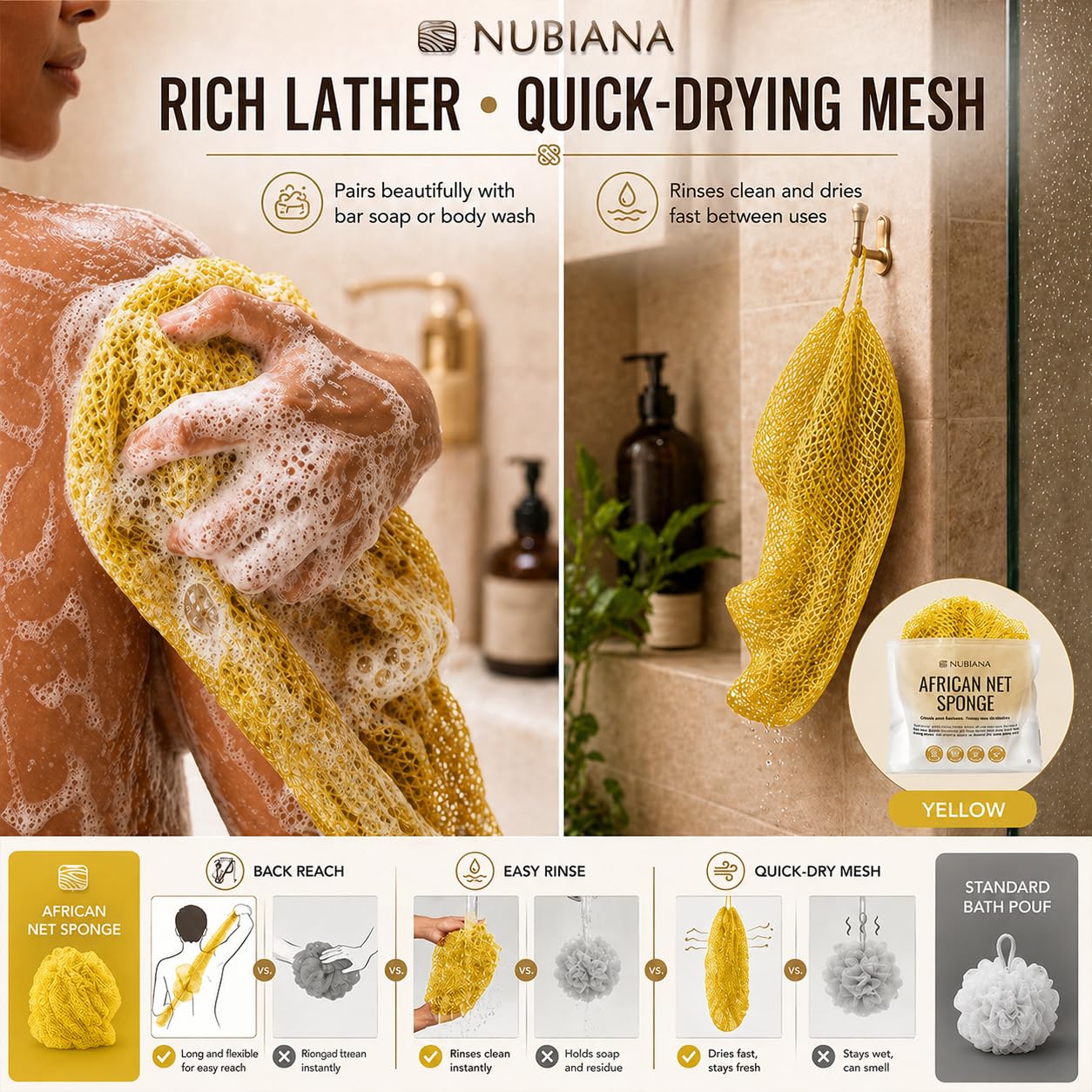 Nubiana African Net Sponge Authentic with Knots, 45 Inch Handwoven Nigerian Exfoliating Body Sponge with Handles, Quick-Drying Nylon Mesh Body Scrubber, Reusable Bath Sponge (Yellow)