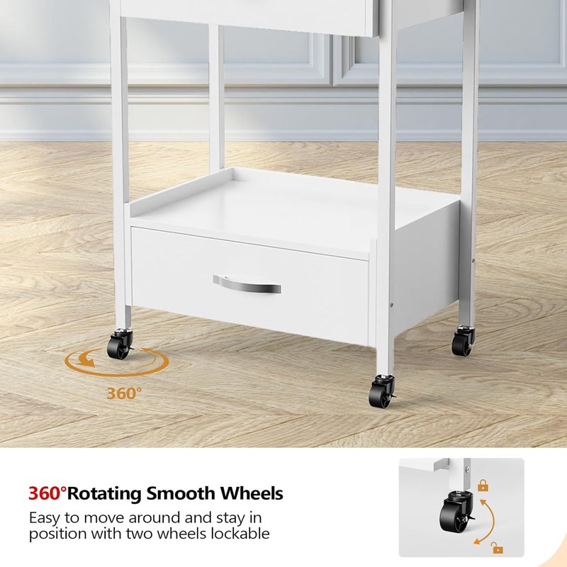 Salon Trolley Cart with Wheels - Mobile Esthetician Storage Organizer with 2 Drawers & 2 Trays | White