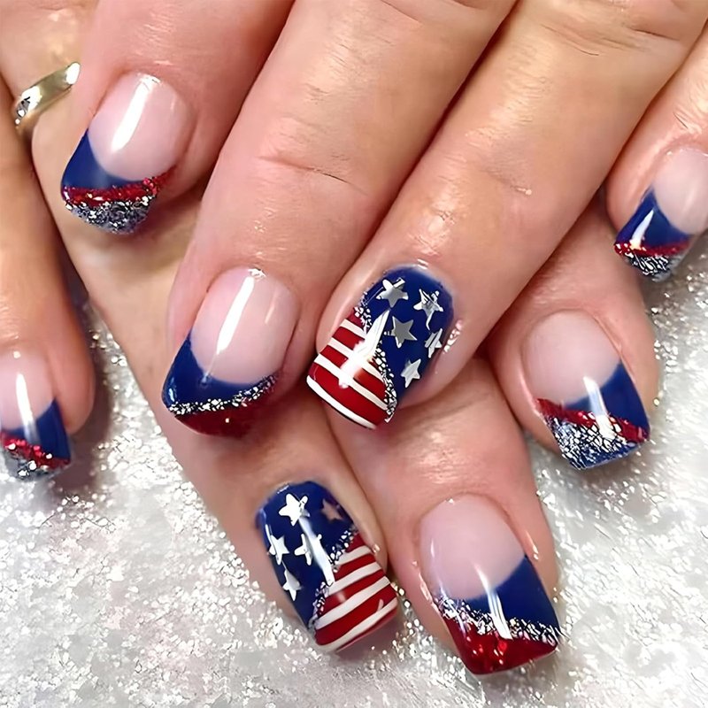 Press On Nails - Medium Square Red White Stripes & Silver Glitter | 24Pcs Full Cover Independence Day French Tip
