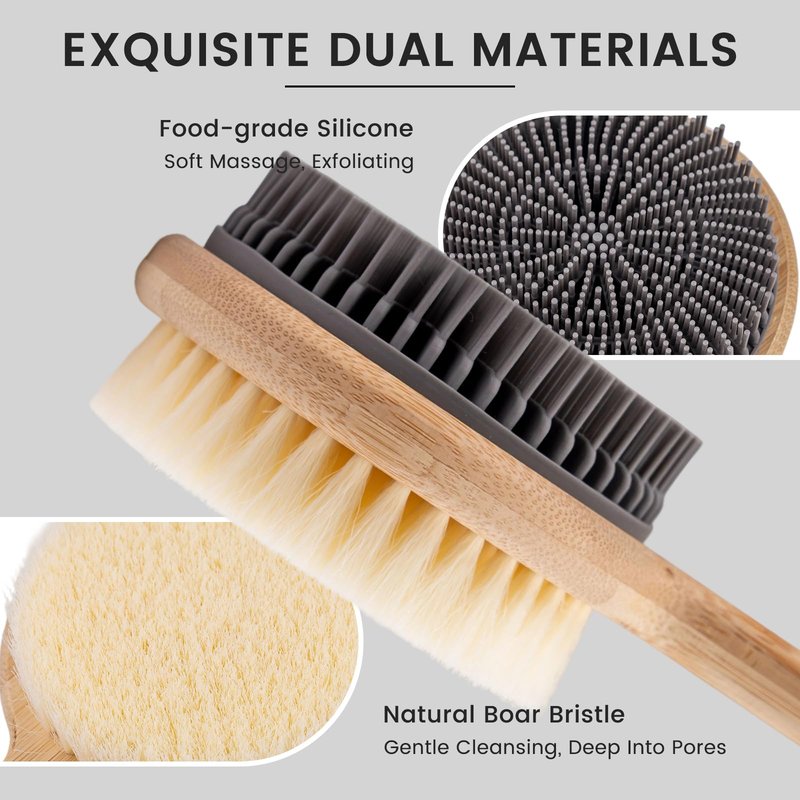 Back Scrubber for Shower - Double-Sided Silicone and Super-Dense Bristles for Deep Cleaning & Exfoliation, Bamboo Long Handle with Wider Anti-Slip Grip, Body Exfoliator for Wet or Dry Brushing