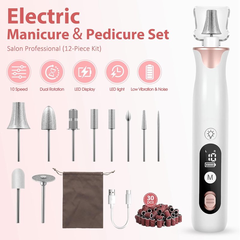 Electric Nail Drill File - Cordless Professional Manicure & Pedicure Set with Drill Bits | Ideal for Men & Women
