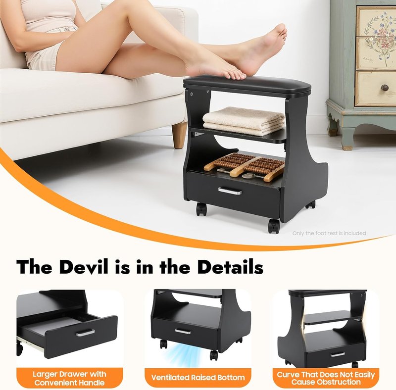 Pedicure Foot Rest - Lockable Wheels, Removable Shelf & Drawer | PU Cushion Beauty Stool for Home Salon