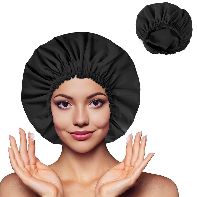 Shower Cap for Women, Double-Layer Waterproof Bath Cap, Reusable Hair Protector, TPU Coated Elastic Bathing Cap for Women & Men