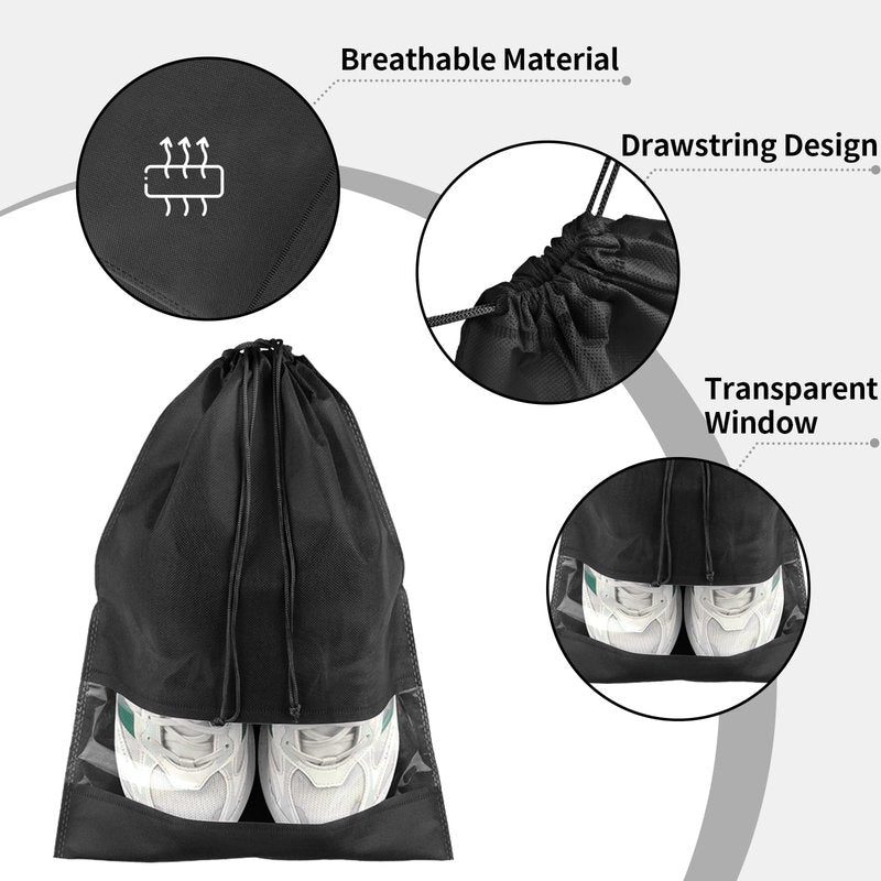 Large Black Travel Shoe Bags - 5 Pcs with Clear Window, Non-Woven Drawstring, 12.6" X 17.3" for Men Women