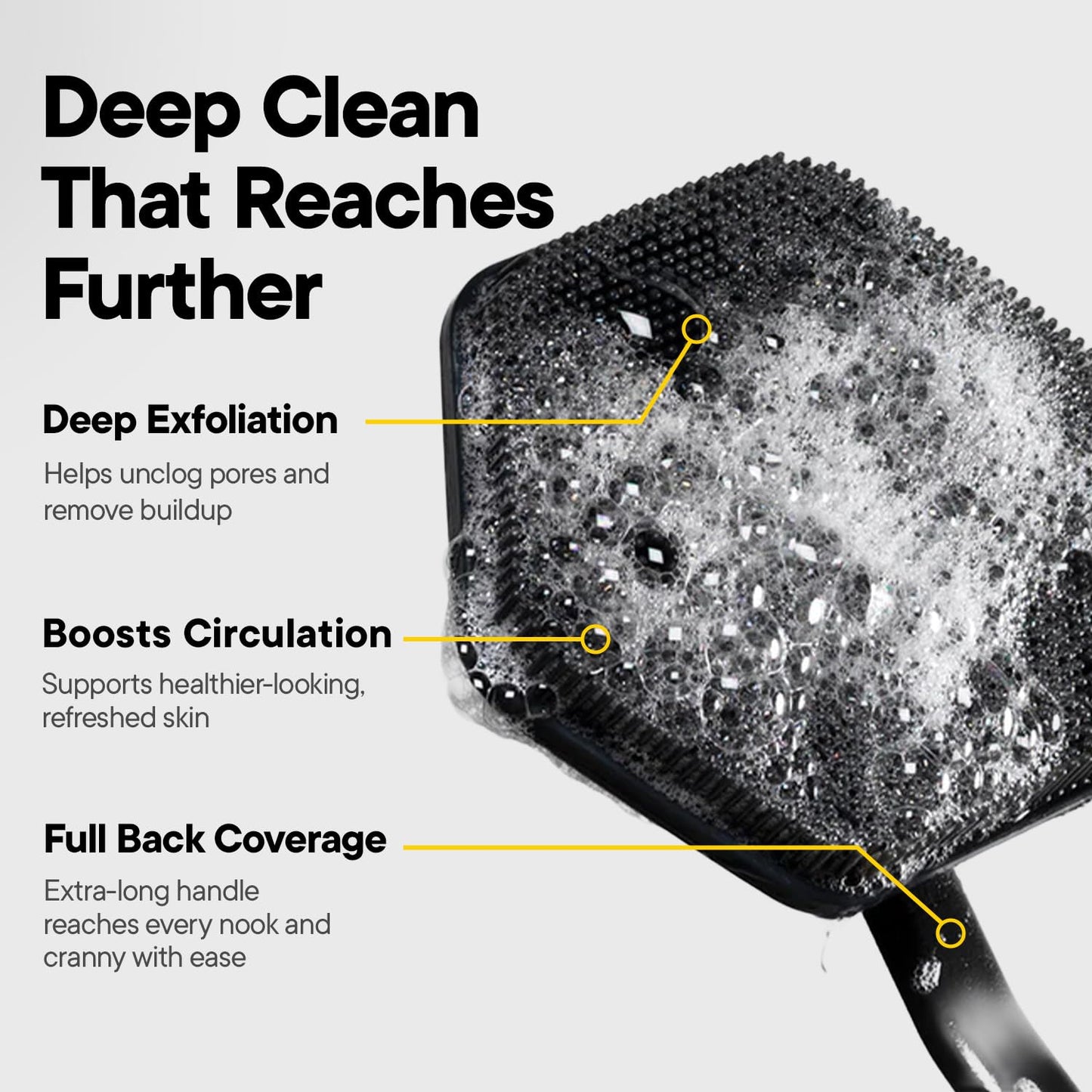 TOOLETRIES Silicone Back Scrubber for Shower Exfoliating Back Brush for Men with Long Handle, Non Slip Grip Body Washer to Clean Hard to Reach Areas, Durable Bath Accessory - Charcoal