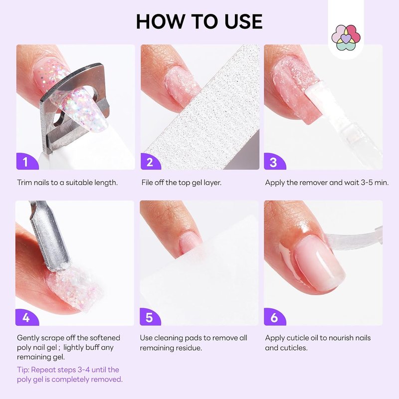 SAVILAND Poly Gel Nail Remover Kit - 2PCS Fast & Gentle Gel Remover with Cuticle Oil Pen & Scraper