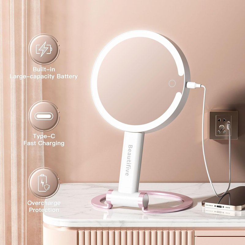 7-Inch Magnifying Mirror with Light - Rechargeable Double-Sided 10X/1X Handheld Makeup Mirror | Pink with Stepless Dimming