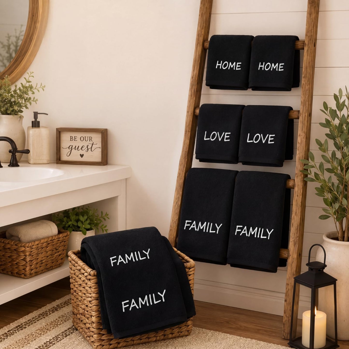 Peryiter 6 Pack Cotton Black Farmhouse Decorative Bath Towels Set, Soft and Absorbent, Contains 2 Bath Cloth, 2 Hand Cloth and 2 Washcloths