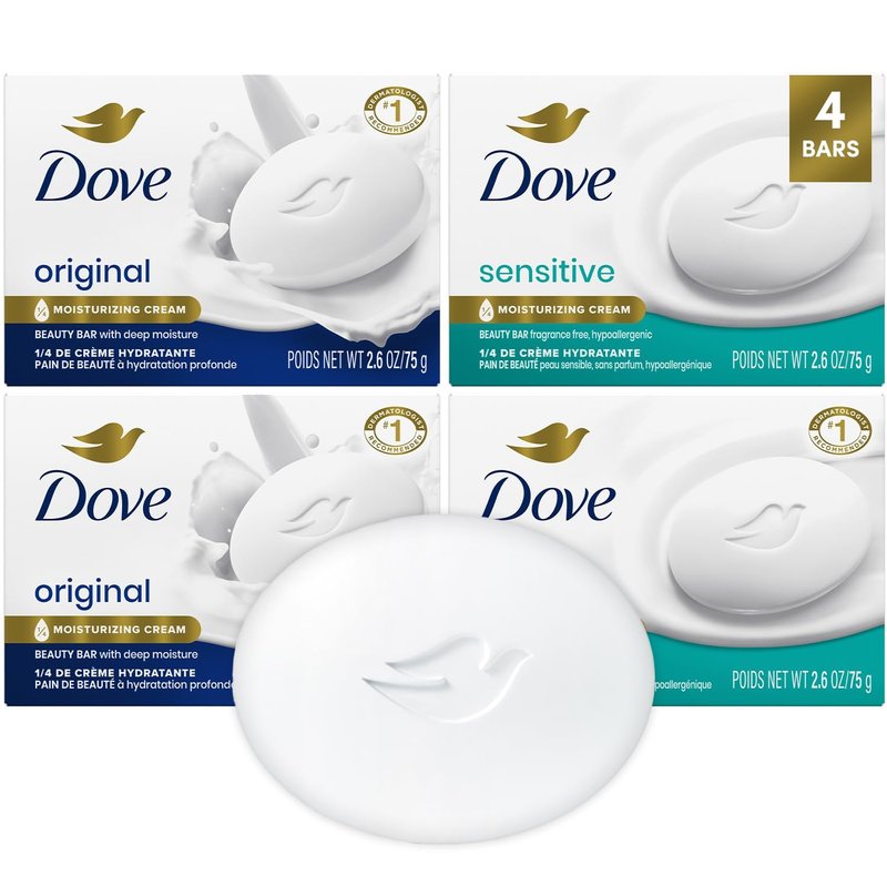 Dove Beauty Bar Soap Variety 4-Pack – Sensitive Skin, Fragrance-Free + Original, with Moisturizing Cream, 2.6 Oz Ea