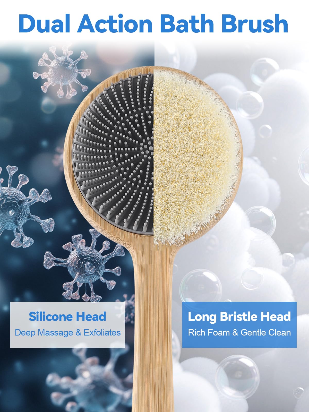 Kalolary Silicone Double-Sided Body Brush with Long Handle, Back Scrubber for Shower Super-Dense Bristles for Deep Cleaning and Massage, Wider Anti-Slip Grip Exfoliator for Wet or Dry Use