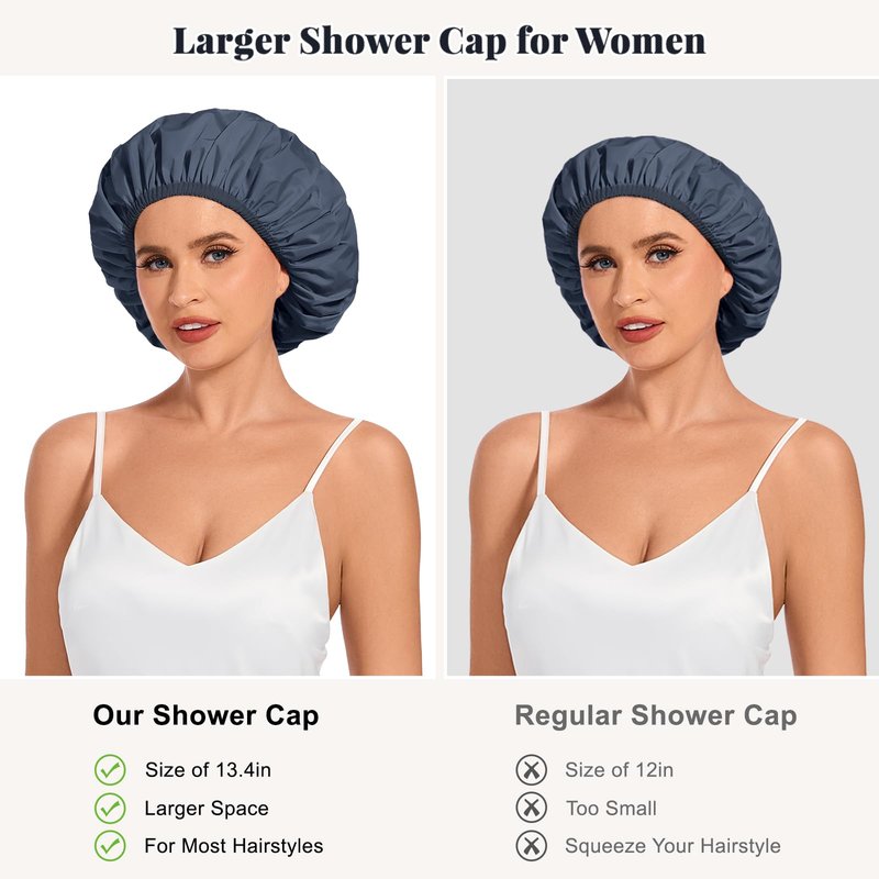 Shower Cap for Women Waterproof Reusable, Large Shower Cap Non-Slip with Elastic Band, Washable Bath Hair Hat for Long Hair, Braids (Navy Blue)