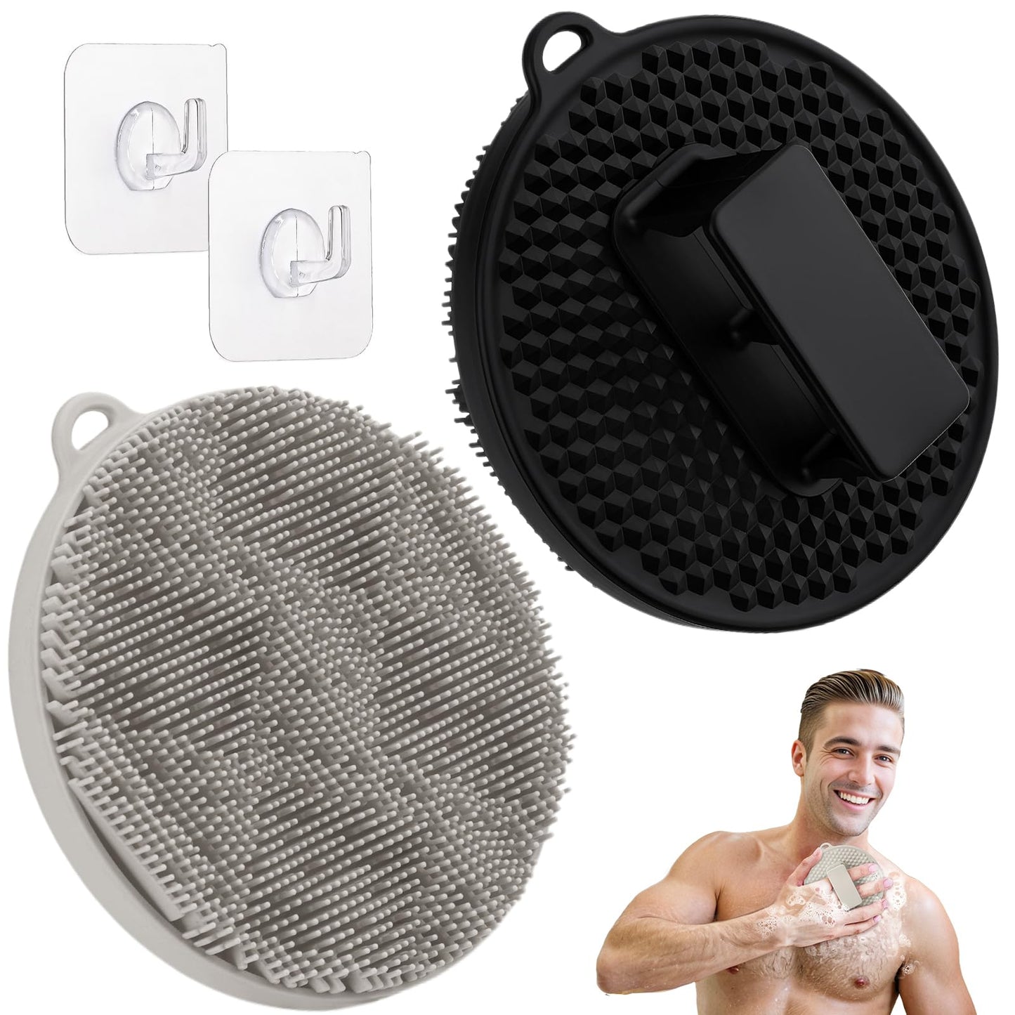 GEENOA Silicone Body Scrubber 2PCS, Durable Silicone Loofah with Waved Bristles and Non-Slip Handle, Hygienic Body Buffer Shower Scrubber for Gentle Exfoliating & Lathering(Black+Lgray)