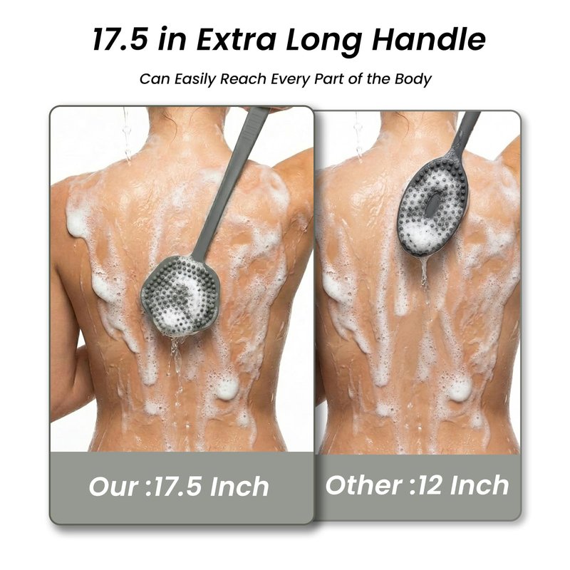 Redfly Silicone Back Scrubber for Shower Brush, 17 inch Long Handled Silicone Body Scrubber for Men & Women, Double Sided Shower Scrubber for Body Brush Exfoliator and Massage, Gray