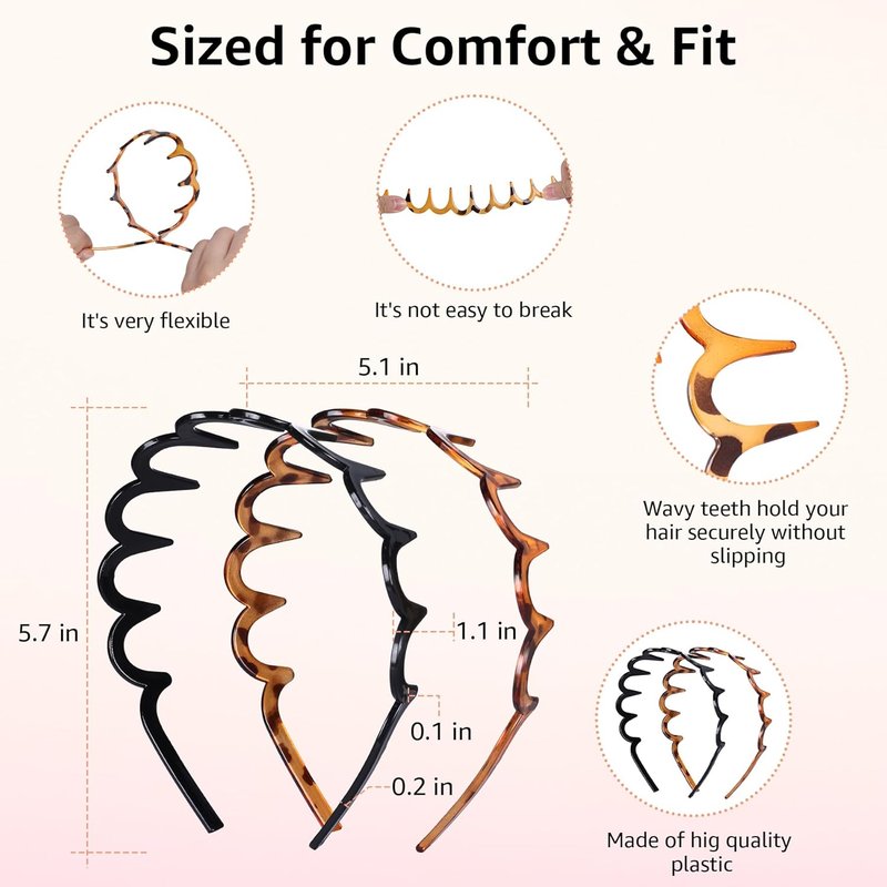 2 Pack Zig Zag Headbands for Women, Non-Slip Wavy Plastic Hair Comb Headbands with Teeth, U-Shape High Cranium Korean Style, Classic 90s Hair Accessories, Gifts for Women (Black & Brown)
