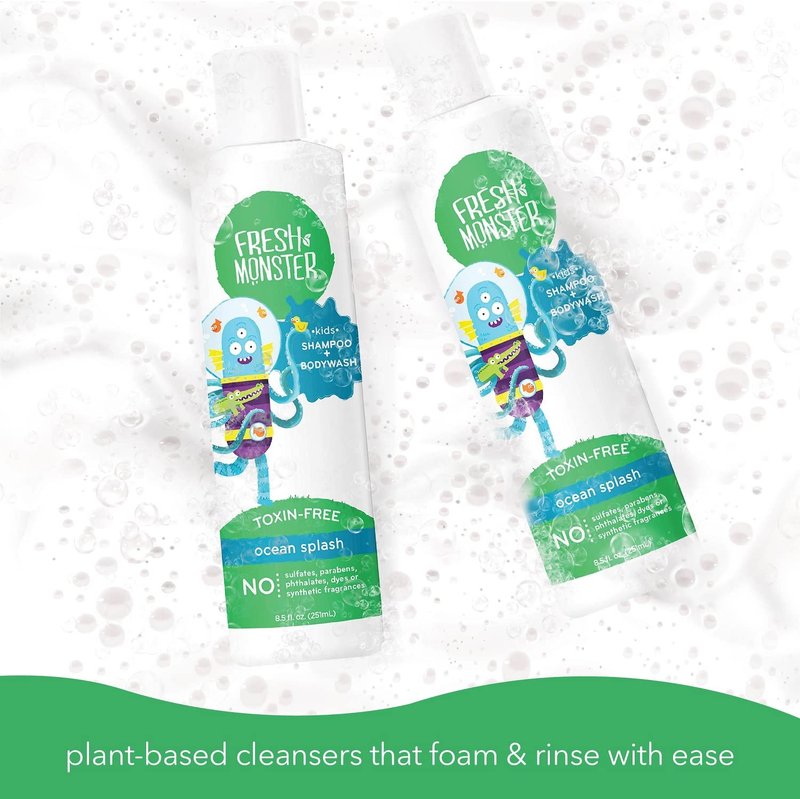 Fresh Monster 2-in-1 Natural Shampoo & Body Wash for Kids - Toxin-Free, Hypoallergenic, Ocean Splash | 2 Pack (8.5oz Each)