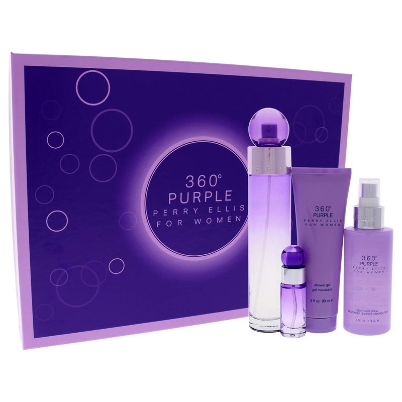 Perry Ellis 360 Purple Women’s EDP Gift Set - 4-Pc Fragrance & Body Care Collection | 3.4oz Spray, Mini 7.5ml, 4oz Mist, 3oz Gel