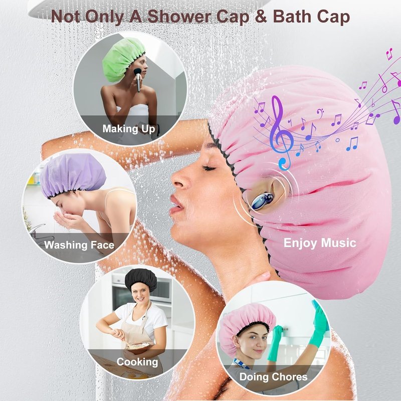 Sheomern 2 Pcs 15" XL Extra Large Terry Lined Shower Cap, Adjustable Dual Waterproof Shower Cap for Women Reusable Soft Hair Cap Bath Cap for Long Braids, Thick Hair, Locs, Curly Hair