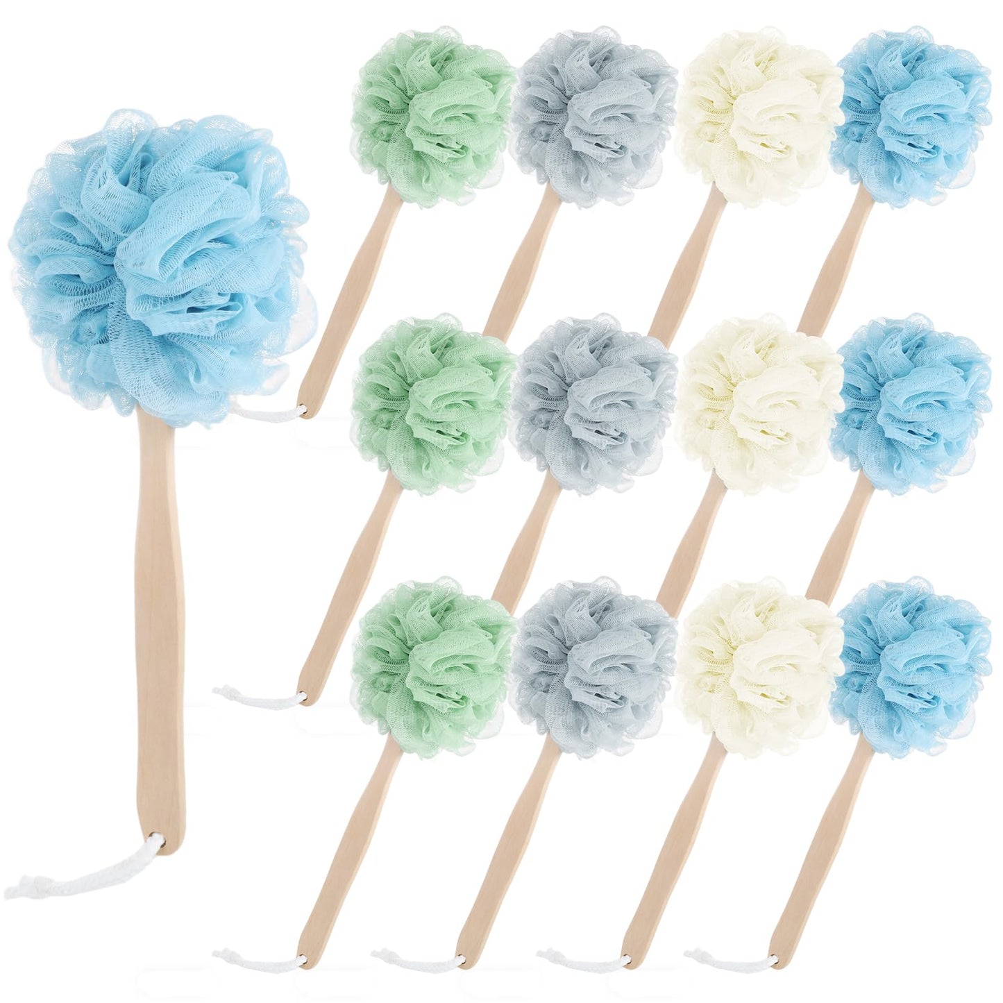 12 Pcs Loofah Back Scrubber with Long Handle, Shower Brush with Soft PE Mesh, 4 Colors Body Bath Sponge for Men and Women Spa