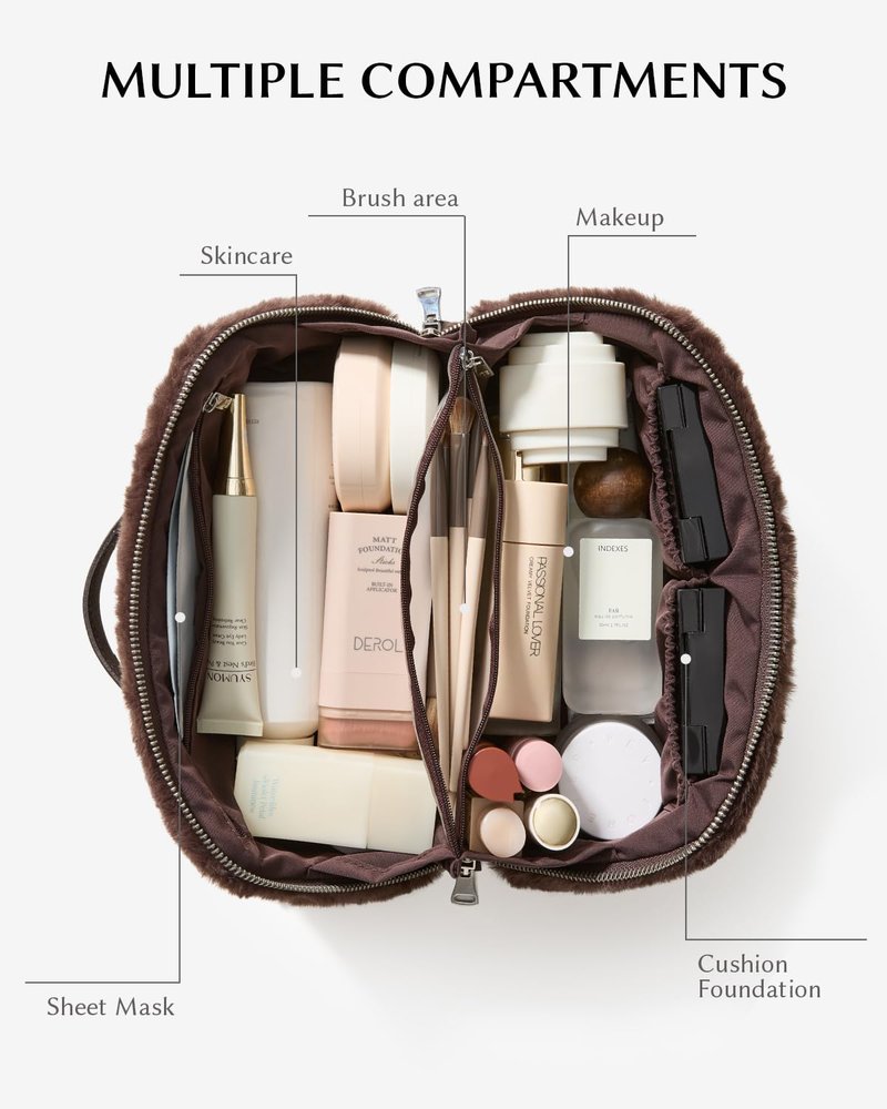 EACHY Travel Makeup Bag,Cute Faux Fur Cosmetic Bag for Women,Portable 180°Wide-Open Flat Make Up Bag,Large Capacity Makeup Pouch Make Up Organizer with Divider and Handle