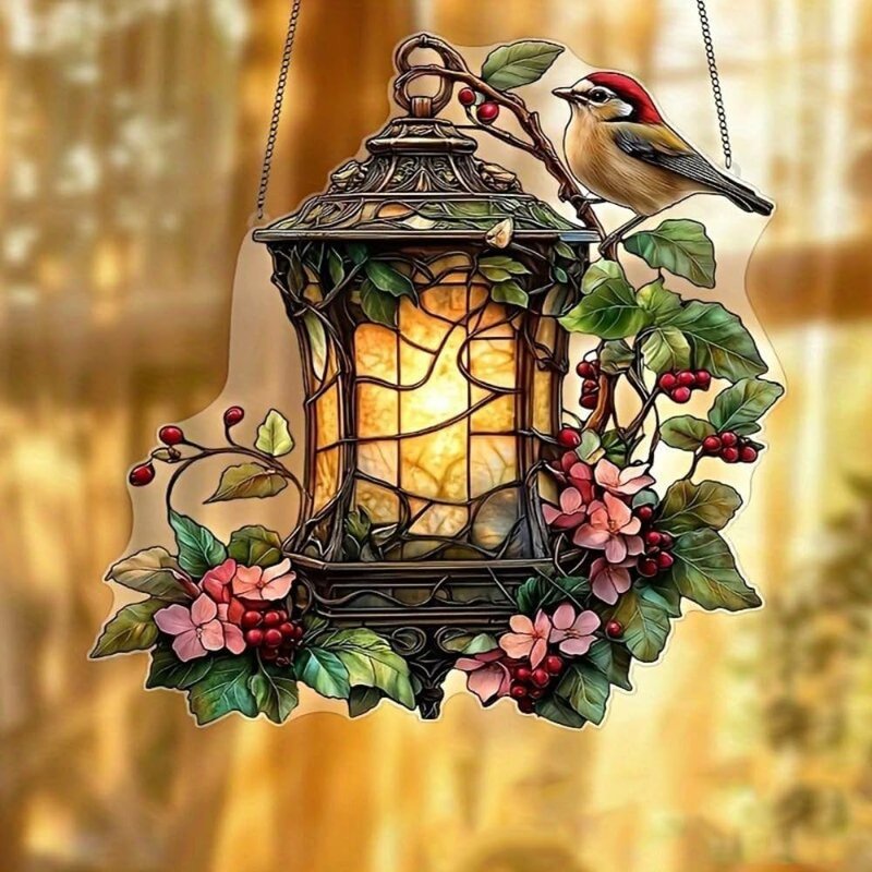 Acrylic Lantern with Bird & Flowers | 7.08-Inch Stained Glass Style Window Decor & Rainbow Maker