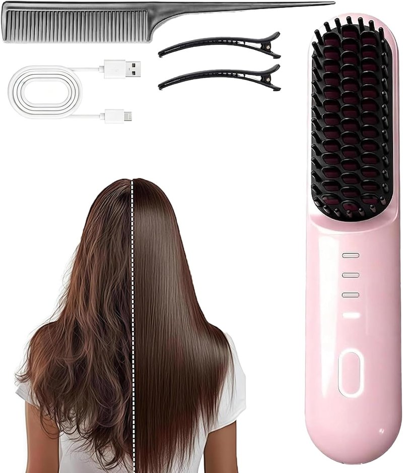 Go Brush Pro Cordless Straightening Brush - Fast 30s Heat, 4 Temp Settings, Ionic & Ceramic Care | Pink