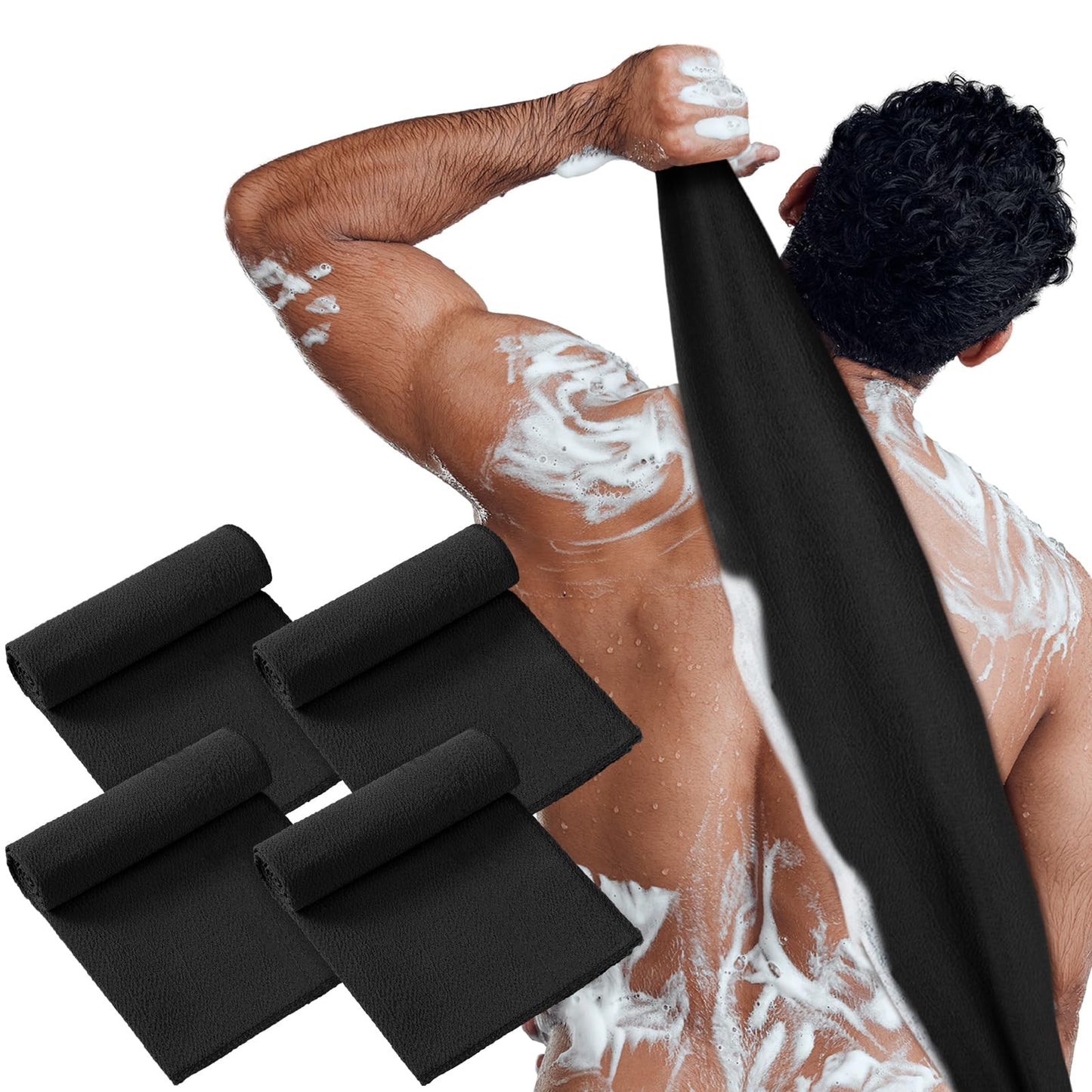 Tatuo 4 Pieces Korean Exfoliating Washcloth Body Back Scrubber Japanese Italy Exfoliating Cloth 35.5 Inch Long Bath Towel Washcloth Dead Skin Remover for Men Women(Black)