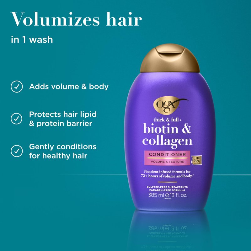 OGX Thick & Full + Biotin & Collagen Volumizing Conditioner, Nutrient-Infused Conditioner with Vitamin B7 Biotin Gives Hair Volume & Body for 72+ Hours, Sulfate-Free Surfactants, 13 fl. Oz