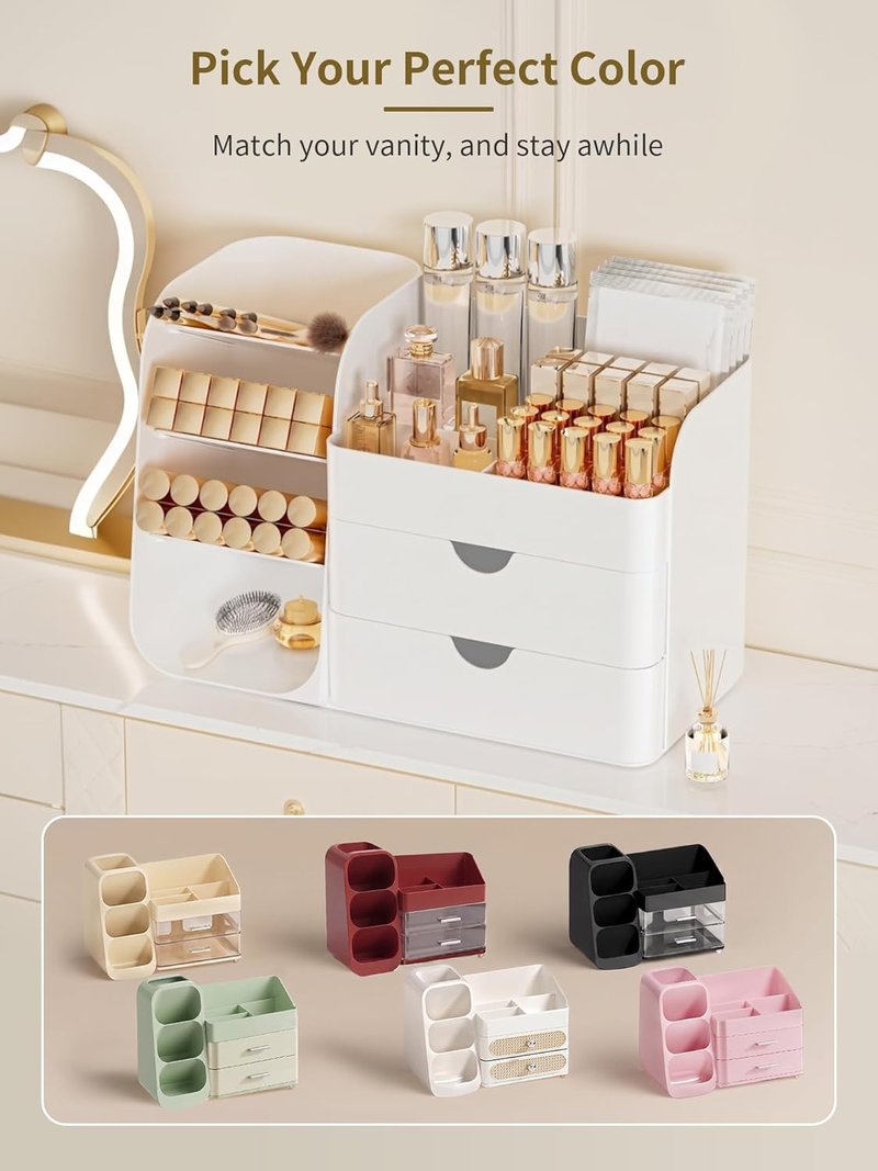 Makeup Organizer - Vanity Cosmetic Display Case with Drawers | White Bathroom Storage Caddy for Skincare & Beauty Tools