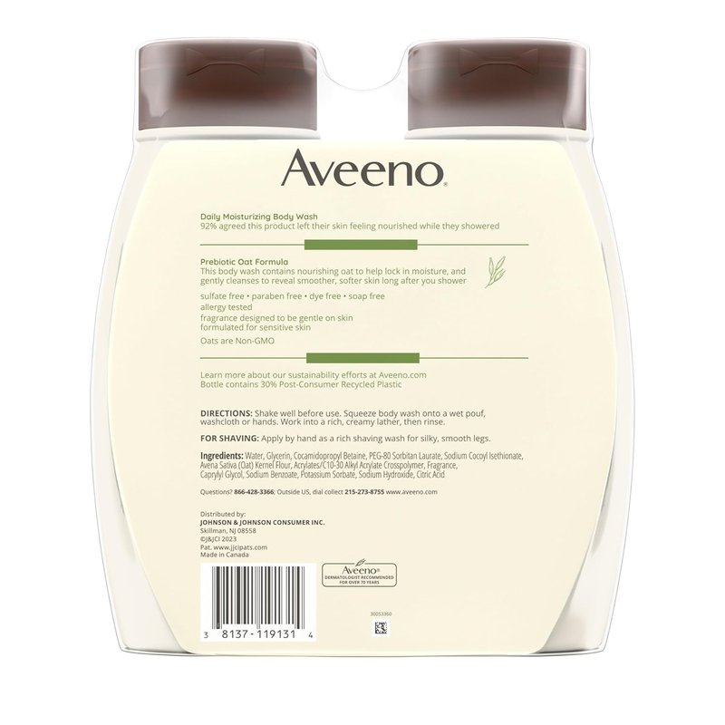 Aveeno Daily Moisturizing Body Wash - Gentle Cleanser & Shaving Gel for Softer Skin | 18 fl. oz, Pack of 2