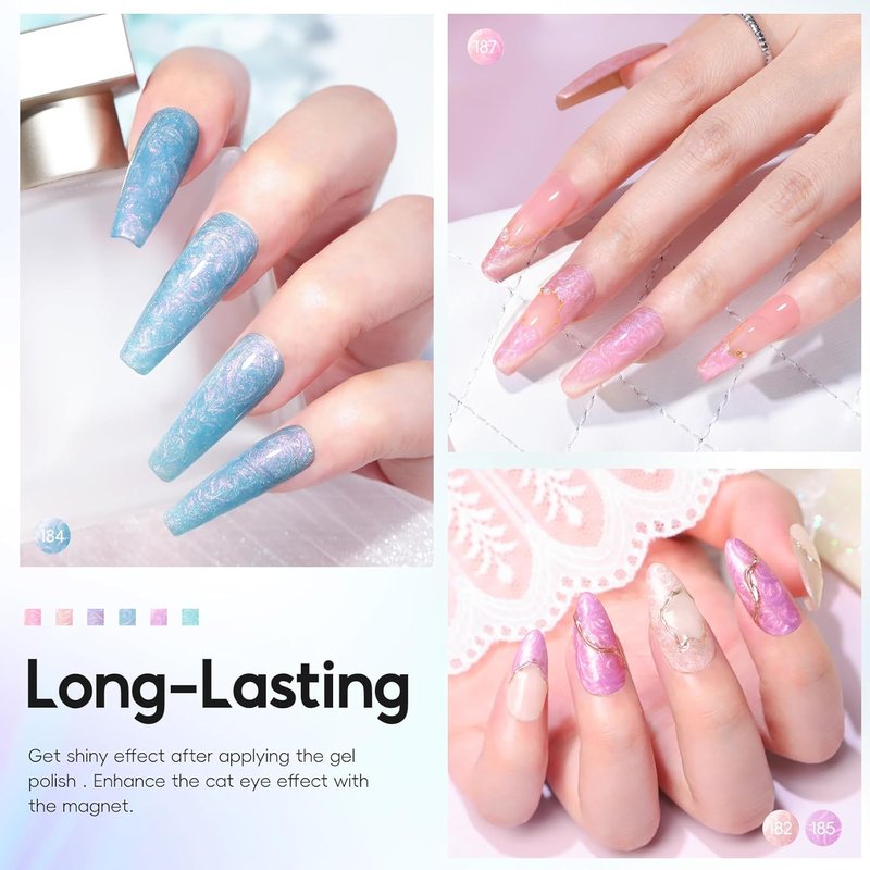 PEACECOLOR Cat Eye Gel Nail Polish Magnetic Shimmer Pearl Nail Polish with Magnet 6 Colors Spring Cateye Gel Polish Iridescent Chrome Mermaid Drawing Swirl Shell Thread Effect Gifts for Women