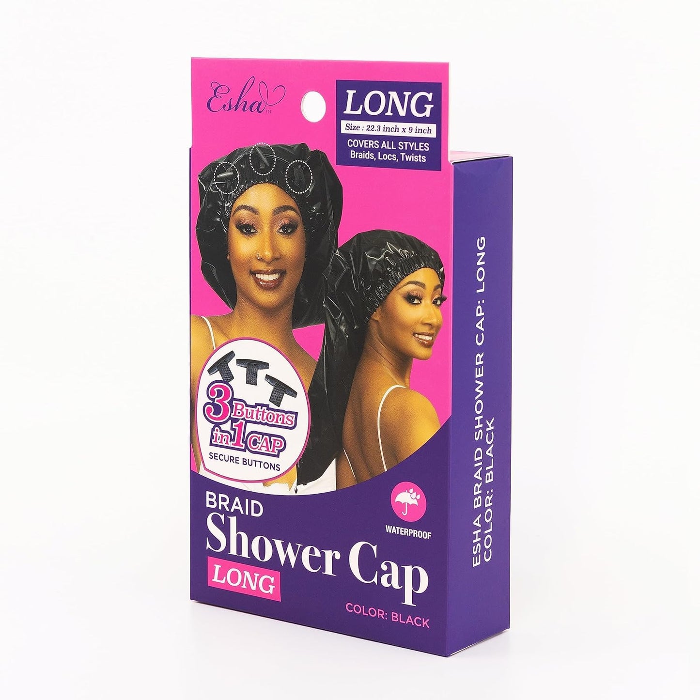 Esha Girl - Shower Cap for Extra Long Hair, Braids, Locs, Twists – Waterproof – Snug Fit Guarantees No Leaks – Easy Button Up (Black, Long (22.3" x 9"))