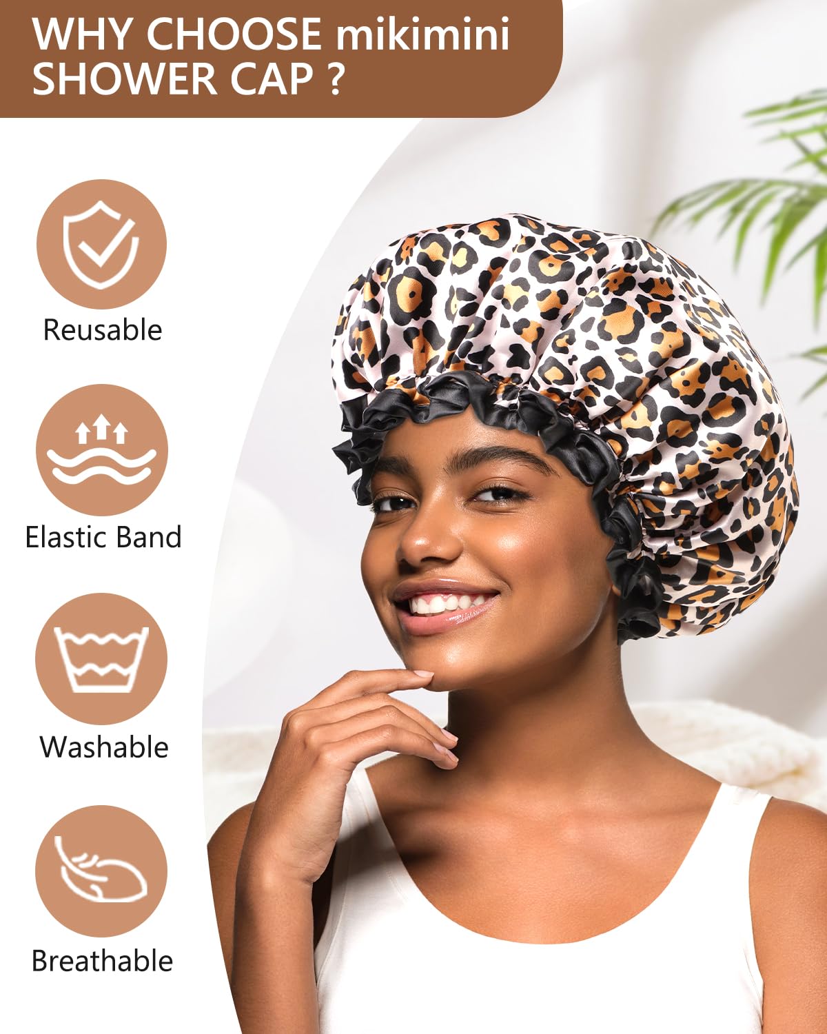 mikimini Large Shower Cap for Women Long Hair, Leopard Stylish Shower Caps with Black Lace, Double-layer Waterproof, Reusable, Washable