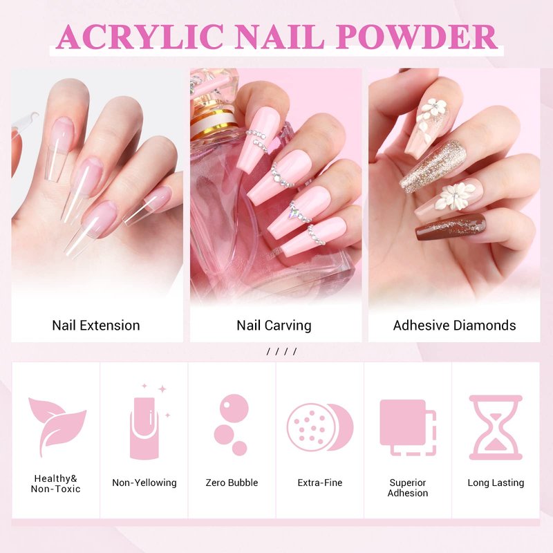 Saviland Acrylic Nail Kit for Beginners - Clear White Pink Acrylic Powder and Liquid Set 4oz Acrylic Liquid Professional Acrylic Nail Brushes for Starter Salon Home Practice DIY Nail Extension Carving