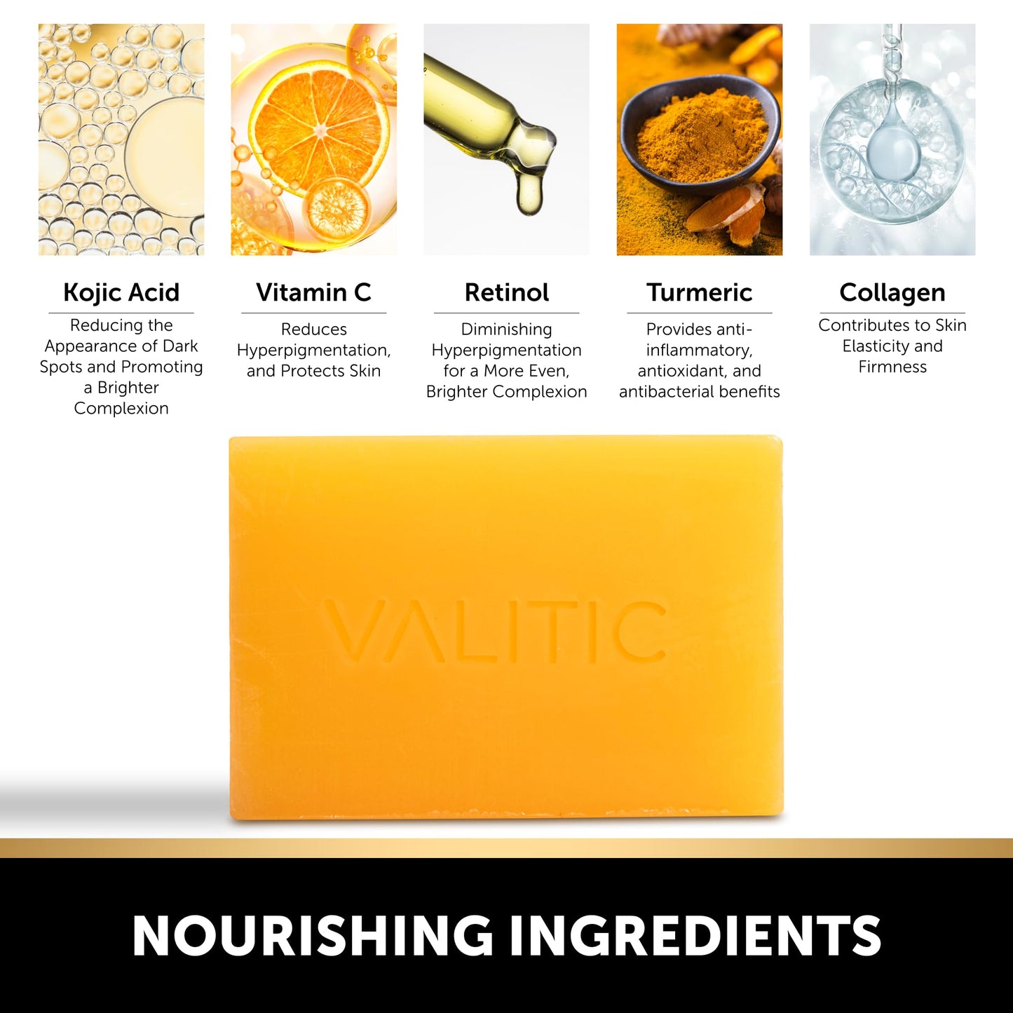 VALITIC Kojic Acid Dark Spot Remover Soap with Turmeric, Vitamin C, Retinol - Original Japanese Complex - Hyaluronic Acid, Vitamin E, Shea Butter, Castile Olive Oil - 3 Pack Bundle with African Net