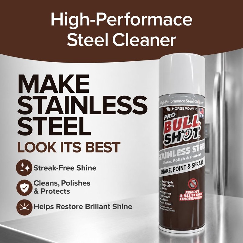 Bull Shot Stainless Steel Cleaner Spray - Cleans, Polishes & Protects | Removes Fingerprints & Streaks