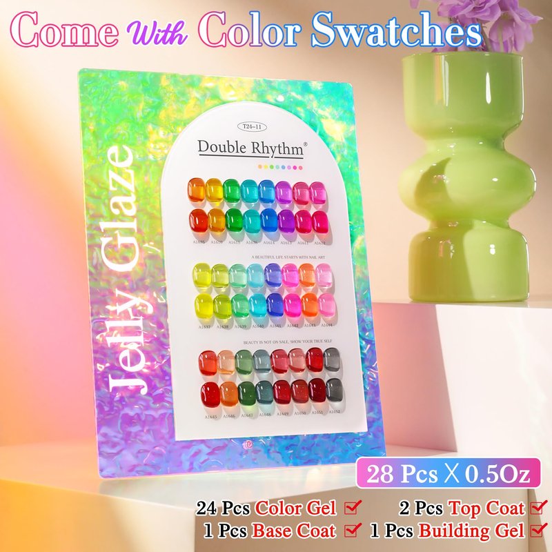 Double Rhythm 28Pcs 0.5Oz Gel Nail Polish Set Same Color Same Bottle Gel Polish Kit Nail Art Manicure Salon DIY at Home for Women (Neon Jelly Sheer Collection-T24-11)